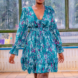DITSY FLORAL TIE FRONT FLOUNCE SLEEVE RUFFLE HEM DRESS