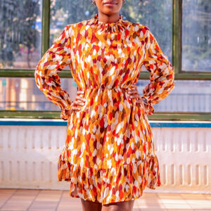LEAF PRINTED STAND COLLAR WAIST A-LINE LONG SLEEVE DRESS